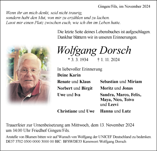 Traueranzeige von Wolfgang Dorsch von NWZ Neue Württembergische Zeitung/Geislinger Zeitung