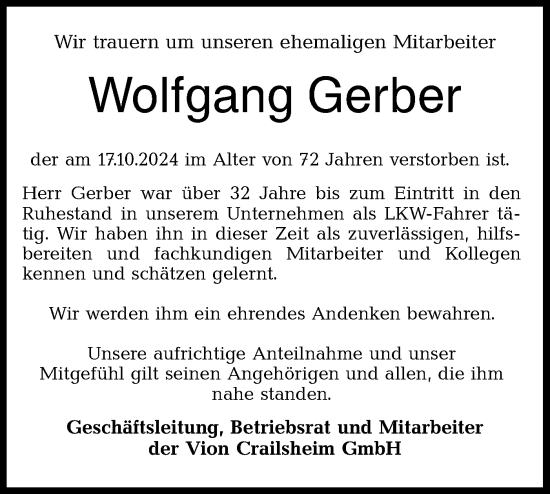 Traueranzeige von Wolfgang Gerber von Hohenloher Tagblatt