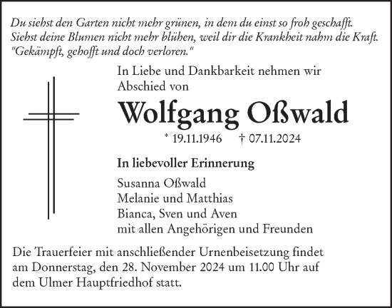 Traueranzeige von Wolfgang Oßwald von SÜDWEST PRESSE Ausgabe Ulm/Neu-Ulm