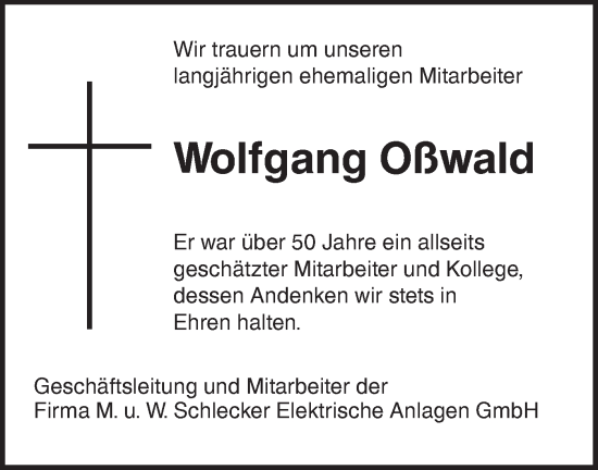 Traueranzeige von Wolfgang Oßwald von SÜDWEST PRESSE Ausgabe Ulm/Neu-Ulm