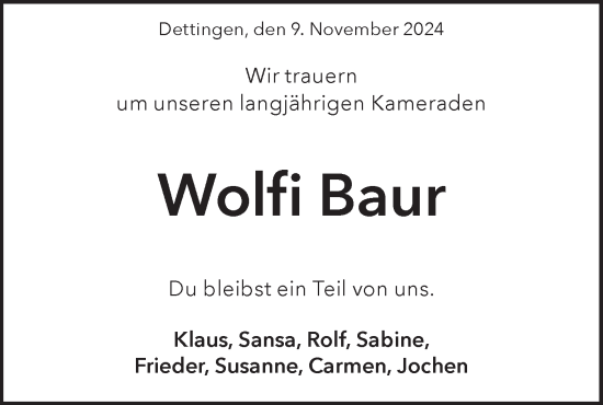 Traueranzeige von Wolfi Baur von Alb-Bote/Metzinger-Uracher Volksblatt