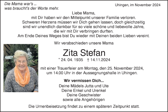 Traueranzeige von Zita Stefan von NWZ Neue Württembergische Zeitung