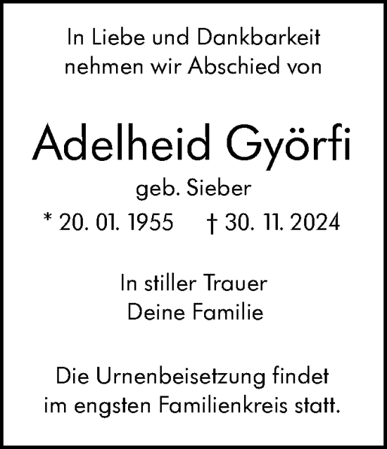 Traueranzeige von Adelheid Györfi von SÜDWEST PRESSE Ausgabe Ulm/Neu-Ulm