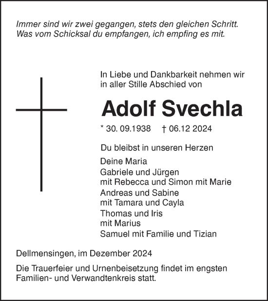 Traueranzeige von Adolf Svechla von SÜDWEST PRESSE Ausgabe Ulm/Neu-Ulm