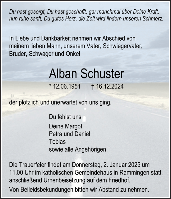 Traueranzeige von Alban Schuster von SÜDWEST PRESSE Ausgabe Ulm/Neu-Ulm