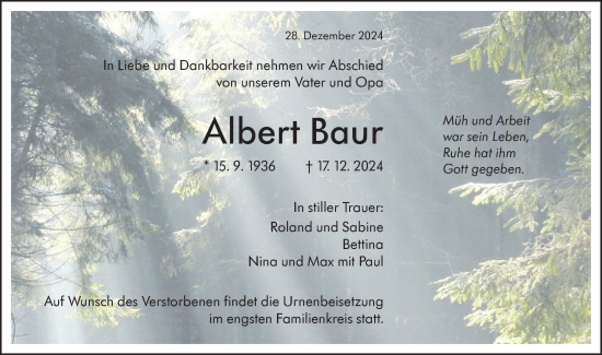 Traueranzeige von Albert Baur von SÜDWEST PRESSE Ausgabe Ulm/Neu-Ulm