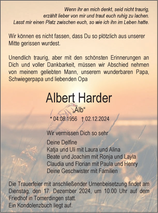 Traueranzeige von Albert Harder von SÜDWEST PRESSE Ausgabe Ulm/Neu-Ulm