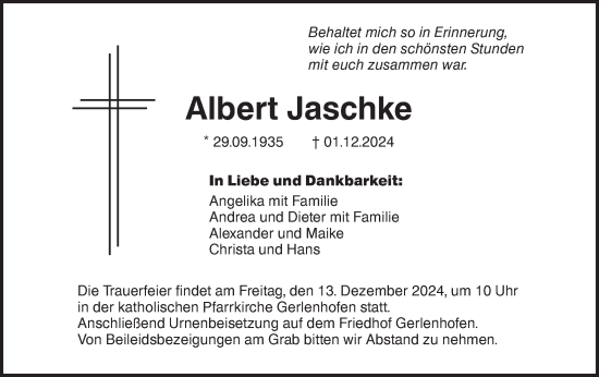 Traueranzeige von Albert Jaschke von SÜDWEST PRESSE Ausgabe Ulm/Neu-Ulm/Neu-Ulmer Zeitung