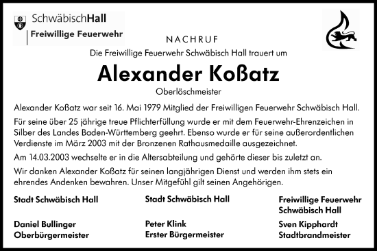 Traueranzeige von Alexander Koßatz von Haller Tagblatt