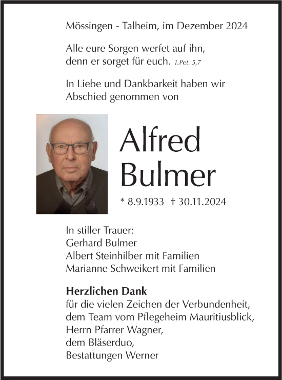 Traueranzeige von Alfred Bulmer von Schwäbische Tagblatt