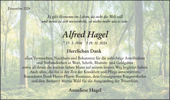 Traueranzeige von Alfred Hagel von Rundschau Gaildorf