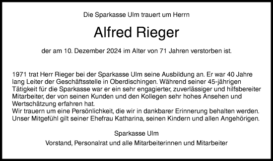 Traueranzeige von Alfred Rieger von SÜDWEST PRESSE Ausgabe Ulm/Neu-Ulm