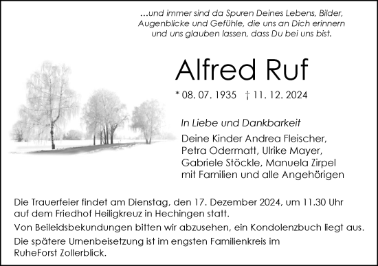 Traueranzeige von Alfred Ruf von SÜDWEST PRESSE Zollernalbkreis/Hohenzollerische Zeitung