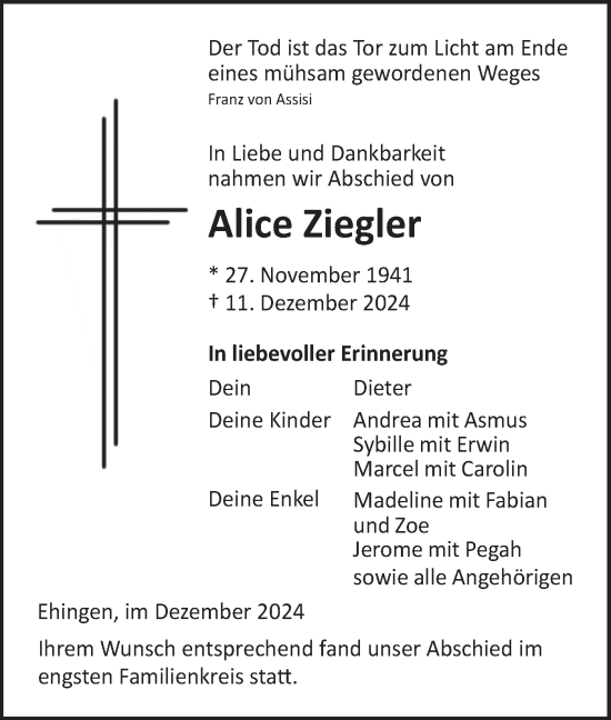 Traueranzeige von Alice Ziegler von Ehinger Tagblatt