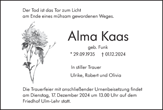 Traueranzeige von Alma Kaas von SÜDWEST PRESSE Ausgabe Ulm/Neu-Ulm