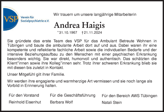 Traueranzeige von Andrea Haigis von Schwäbische Tagblatt