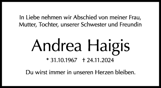 Traueranzeige von Andrea Haigis von Schwäbische Tagblatt