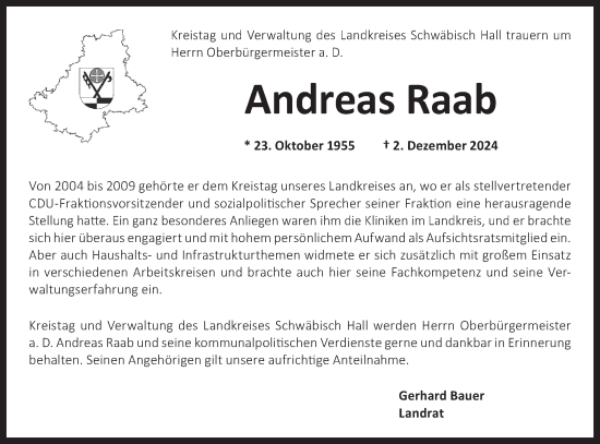 Traueranzeige von Andreas Raab von Hohenloher Tagblatt