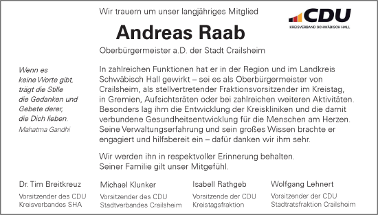 Traueranzeige von Andreas Raab von Hohenloher Tagblatt