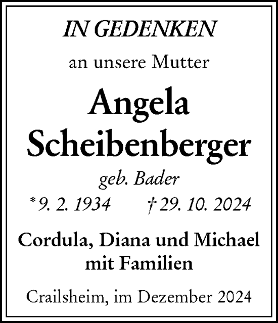 Traueranzeige von Angela Scheibenberger von Hohenloher Tagblatt