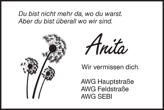 Traueranzeige von Anita  von SÜDWEST PRESSE Ausgabe Ulm/Neu-Ulm