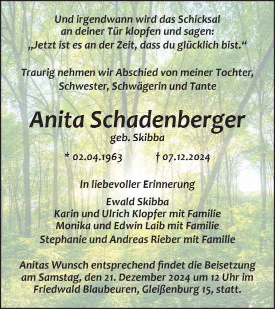 Traueranzeige von Anita Schadenberger von SÜDWEST PRESSE Ausgabe Ulm/Neu-Ulm