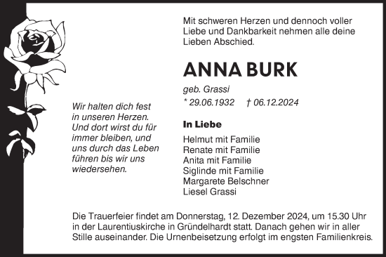 Traueranzeige von Anna Burk von Hohenloher Tagblatt