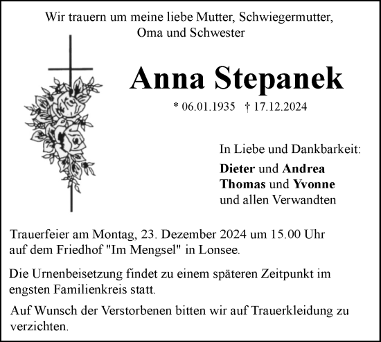 Traueranzeige von Anna Stepanek von SÜDWEST PRESSE Ausgabe Ulm/Neu-Ulm