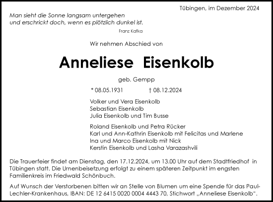 Traueranzeige von Anneliese Eisenkolb von Schwäbische Tagblatt