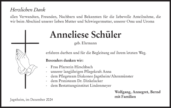 Traueranzeige von Anneliese Schüler von Hohenloher Tagblatt