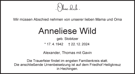 Traueranzeige von Anneliese Wild von SÜDWEST PRESSE Zollernalbkreis/Hohenzollerische Zeitung