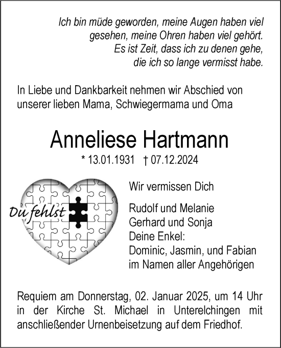 Traueranzeige von Annelise Hartmann von SÜDWEST PRESSE Ausgabe Ulm/Neu-Ulm