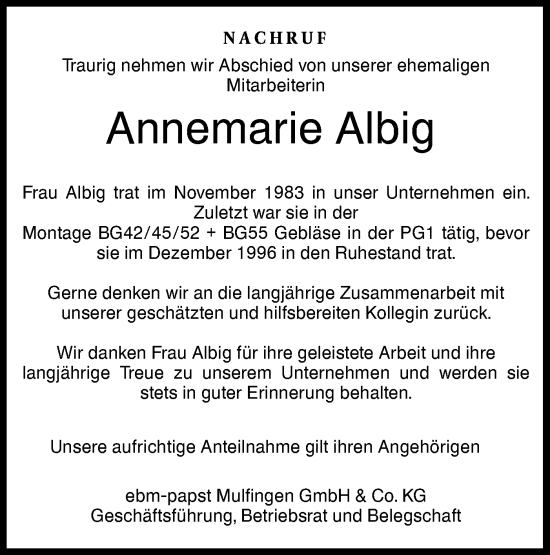 Traueranzeige von Annemarie Albig von Hohenloher Tagblatt