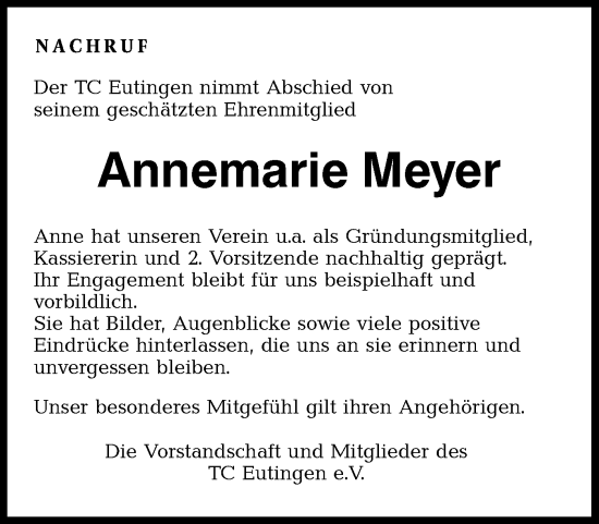 Traueranzeige von Annemarie Meyer von Neckar-Chronik