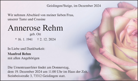 Traueranzeige von Annerose Rehm von Geislinger Zeitung