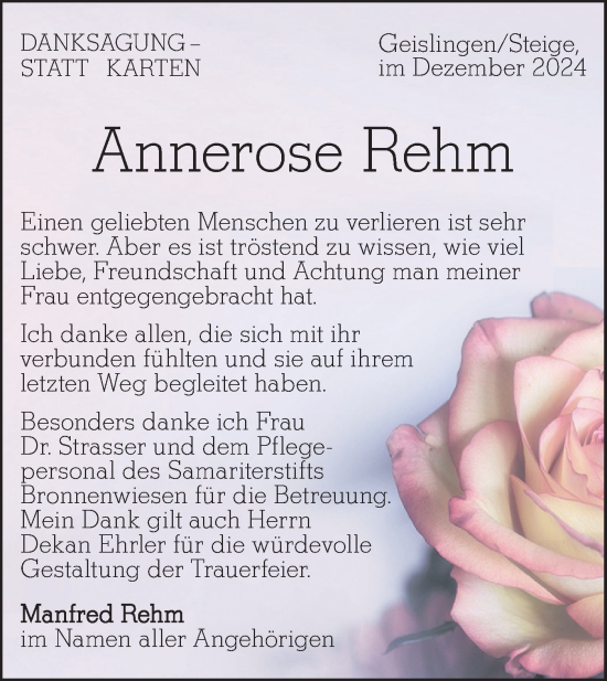 Traueranzeige von Annerose Rehm von Geislinger Zeitung