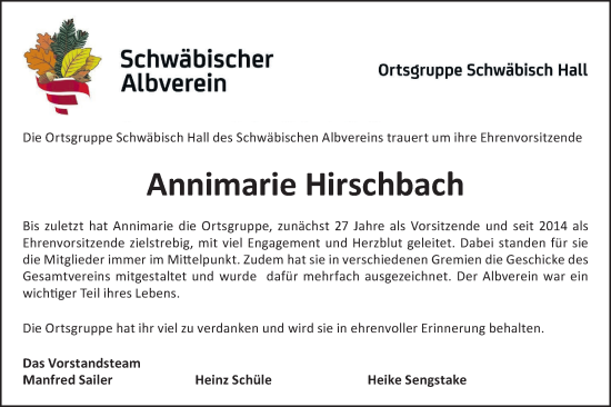 Traueranzeige von Annimarie Hirschbach von Haller Tagblatt