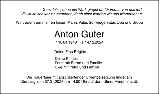 Traueranzeige von Anton Guter von SÜDWEST PRESSE Ausgabe Ulm/Neu-Ulm