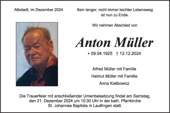 Traueranzeige von Anton Müller von SÜDWEST PRESSE Zollernalbkreis/Hohenzollerische Zeitung