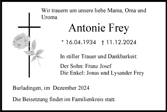 Traueranzeige von Antonie Frey von SÜDWEST PRESSE Zollernalbkreis/Hohenzollerische Zeitung