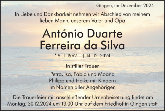 Traueranzeige von Antonio Duarte Ferreira da Silva von NWZ Neue Württembergische Zeitung/Geislinger Zeitung