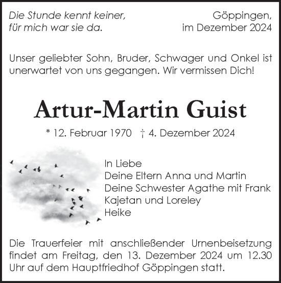 Traueranzeige von Artur-Martin Guist von NWZ Neue Württembergische Zeitung