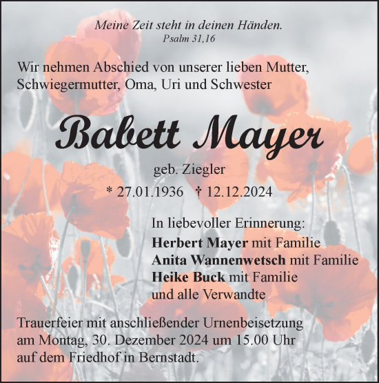 Traueranzeige von Babett Mayer von SÜDWEST PRESSE Ausgabe Ulm/Neu-Ulm