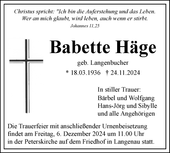 Traueranzeige von Babette Häge von SÜDWEST PRESSE Ausgabe Ulm/Neu-Ulm