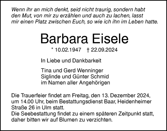 Traueranzeige von Barbara Eisele von SÜDWEST PRESSE Ausgabe Ulm/Neu-Ulm/Neu-Ulmer Zeitung