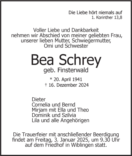 Traueranzeige von Bea Schrey von SÜDWEST PRESSE Ausgabe Ulm/Neu-Ulm