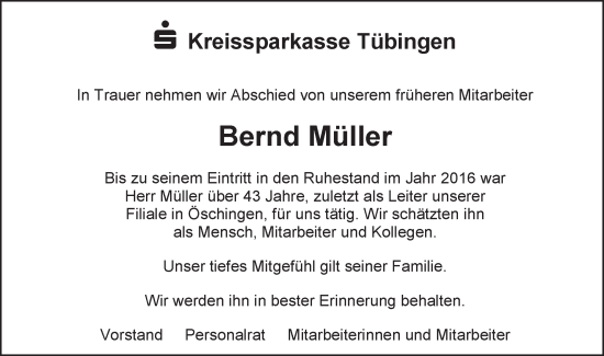 Traueranzeige von Bernd Müller von Schwäbische Tagblatt