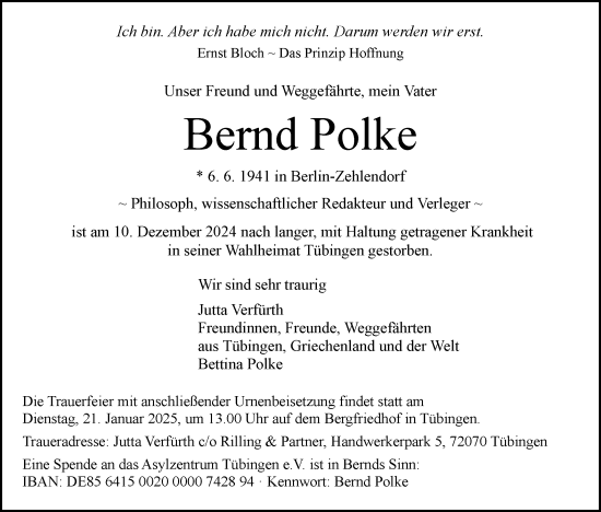 Traueranzeige von Bernd Polke von Schwäbische Tagblatt