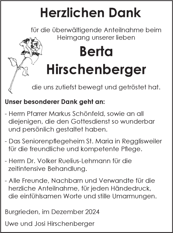 Traueranzeige von Berta Hirschenberger von SÜDWEST PRESSE Ausgabe Ulm/Neu-Ulm