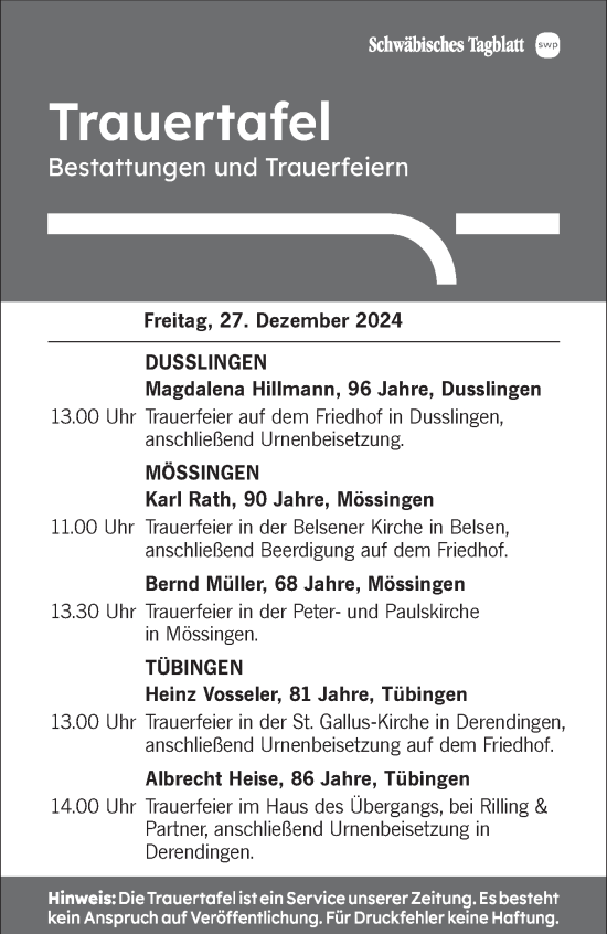 Traueranzeige von Bestattungen vom 27.12.2024 von Schwäbische Tagblatt